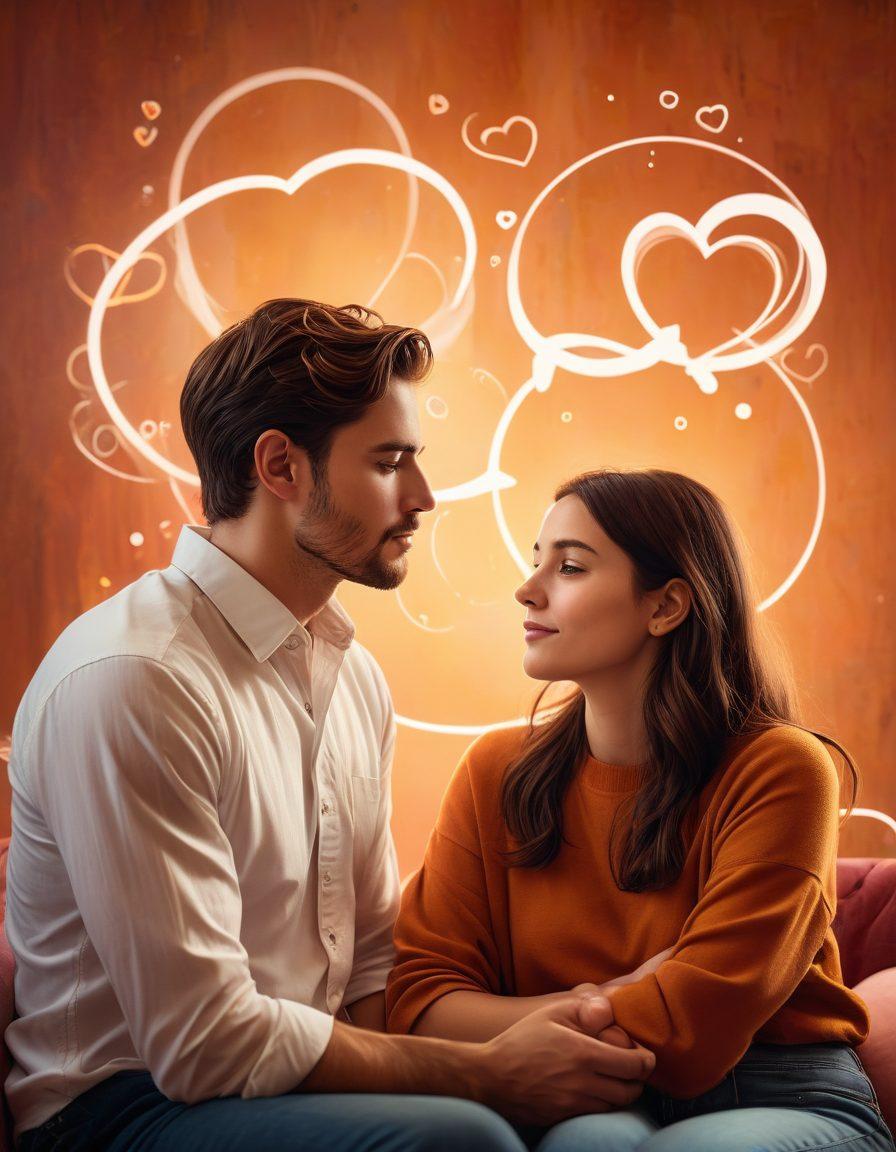 A thoughtful couple engaged in a deep conversation, surrounded by various symbols representing intimacy, trust, and understanding. Include abstract representations of adult content on one side and positive relationship elements like hearts and communication bubbles on the other. Use a warm color palette to evoke feelings of connection and introspection. super-realistic. vibrant colors. soft focus.