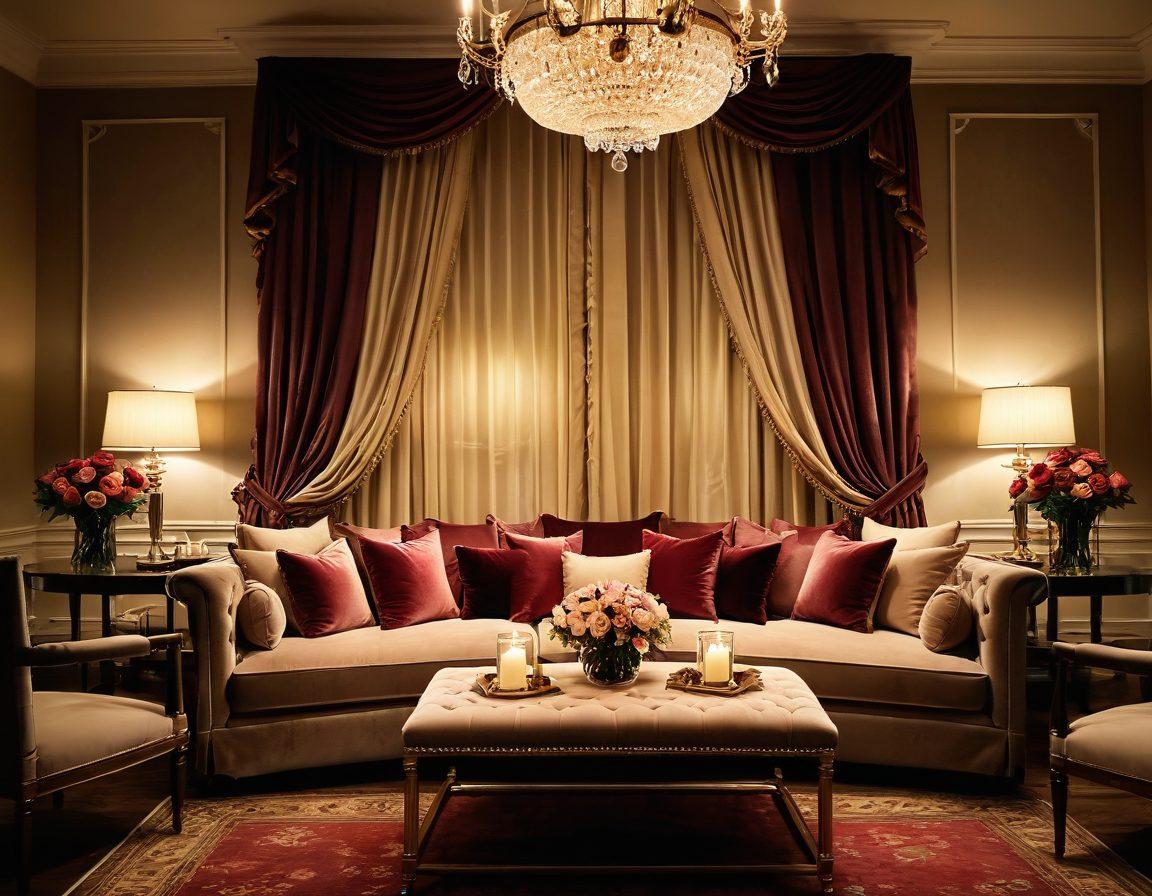 An elegant and inviting room with soft lighting, featuring luxurious fabrics and stylish decor, symbolizing a blend of sensuality and intimacy. Include tasteful elements like roses, candles, and a cozy seating area to evoke romance. Subtle silhouettes of couples in the background capturing moments of connection. The overall tone should be warm, inviting, and sophisticated, emphasizing the beauty of adult relationships. super-realistic. warm colors. soft focus.