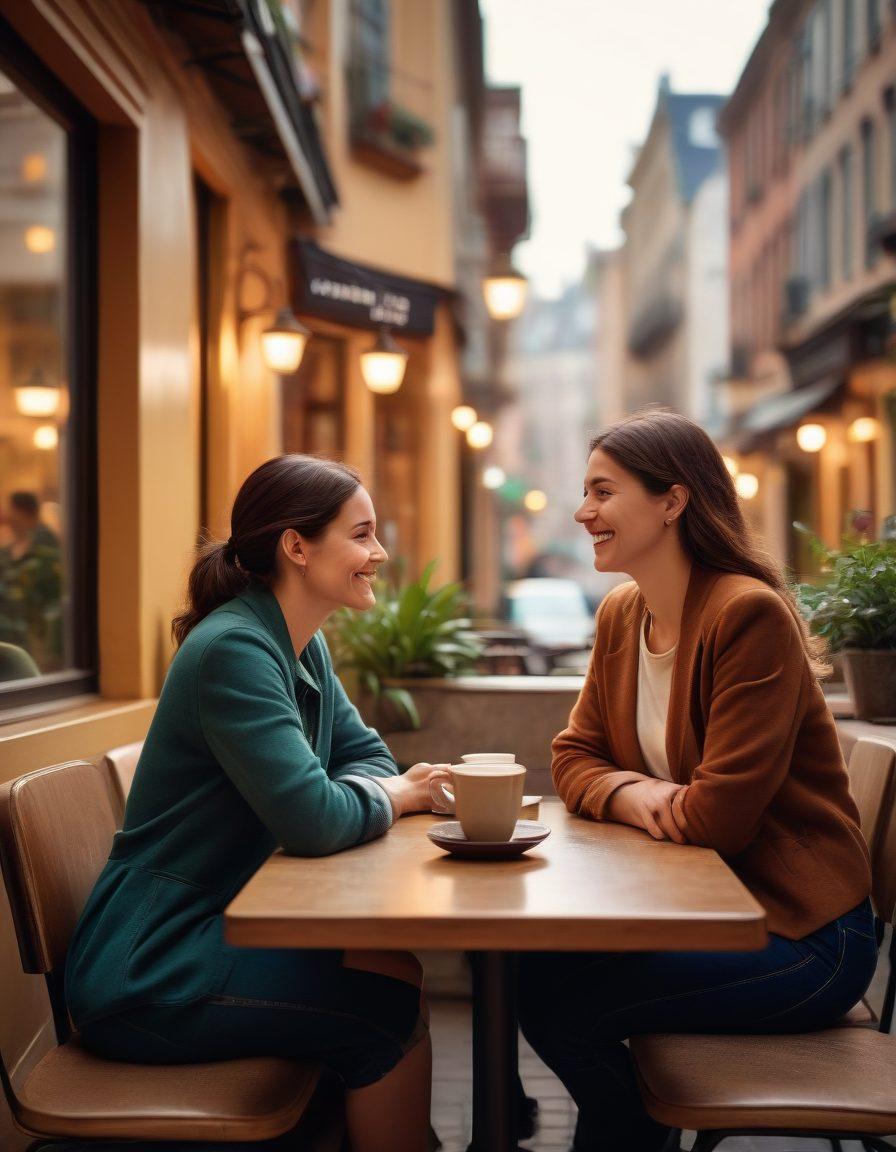 A warm, inviting scene of two adults sitting at a cozy cafe table, sharing a heartfelt conversation. Soft lighting accentuates their laughter, with a steaming cup of coffee and a small potted plant on the table. The background features a blurred cityscape, symbolizing the modern world. Their body language conveys intimacy and connection. super-realistic. warm tones. soft focus.